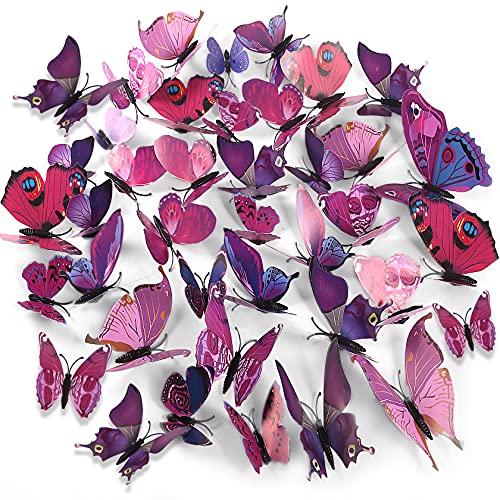 Foonii 72 PCS 3D Schmetterlinge Wanddeko Aufkleber Abziehbilder,schlagfestem Kunststoff Schmetterling Dekorationen, Wand-Dekor Lila von Foonii