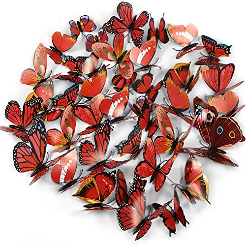 Foonii 72 PCS 3D Schmetterlinge Wanddeko Aufkleber Abziehbilder,schlagfestem Kunststoff Schmetterling Dekorationen, Wand-Dekor Rot von Foonii