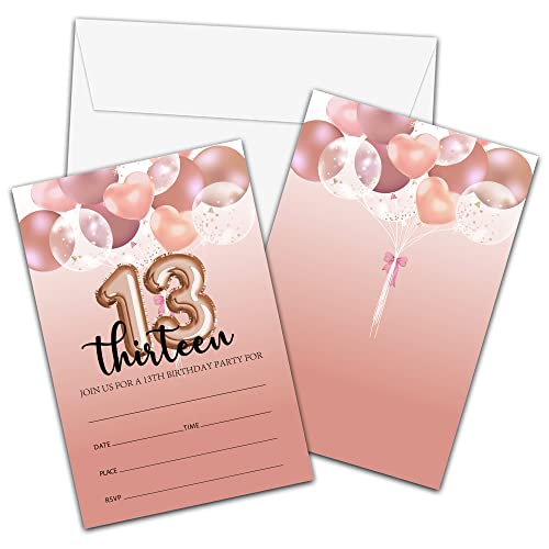 Einladungskarten zum 13. Geburtstag mit Umschlägen, rotgoldene Geburtstagsparty-Einladungskarte für Mädchen/Jungen, Luftballons, zum Ausfüllen, Kinderparty, Feier (20 Stück), 16 Stück von Foosproea