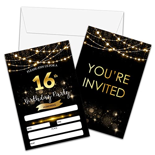 Einladungen zum 16. Geburtstag mit Umschlägen, schwarz-goldener Glitzer-Einladungskarten – Überraschungsgeburtstags-Einladungskarte für Mädchen/Jungen – Kindergeburtstagsparty-Zubehör, Dekorationen von Foosproea