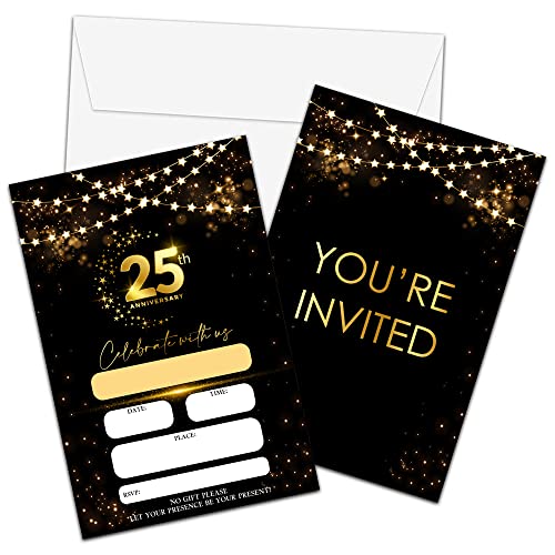 Einladungskarten zum 25. Jahrestag, Schwarz / Gold Glitzer Hochzeitstag Einladungen mit Umschlägen, Feiern Sie mit uns, Ausfüllkarten, Jubiläums-Partyzubehör, Dekorationen (25 Stück) von Foosproea