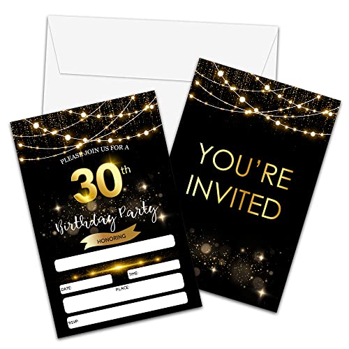 Einladungen zum 30. Geburtstag mit Umschlägen, schwarz-goldener Glitzer-Einladungskarten, Überraschungseinladungskarte für Sie und Ihn, Erwachsenen-Geburtstagsparty-Zubehör, Dekorationen (20 Stück) von Foosproea