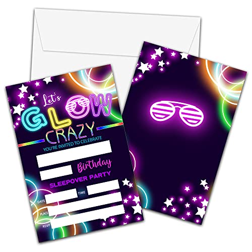 Neonleuchtende Geburtstagseinladungen mit Umschlägen, leuchtet im Dunkeln, Geburtstagsparty-Einladungskarte für Jungen, Mädchen, Let's Glow Crazy Ausfüll-Einladungskarten, Neon-Regenbogen-Gluß-Party, von Foosproea