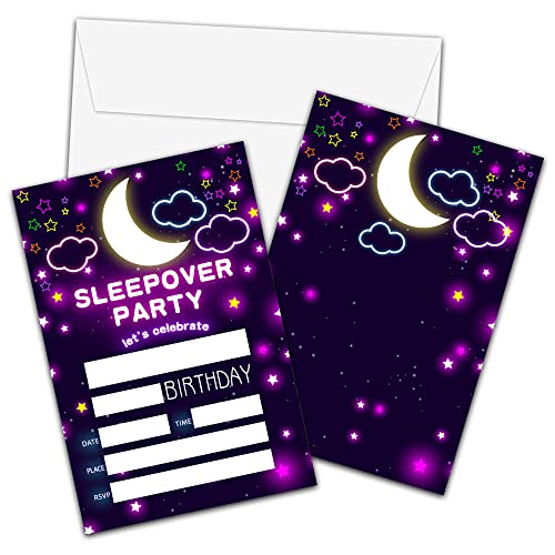 Sleepover Geburtstagseinladungen mit Umschlägen – Mond und Sterne Geburtstagsparty Einladungskarte für Mädchen Jungen – Neon Let's Glow Crazy Einladungskarten zum Ausfüllen – Schlummerparty Feier von Foosproea
