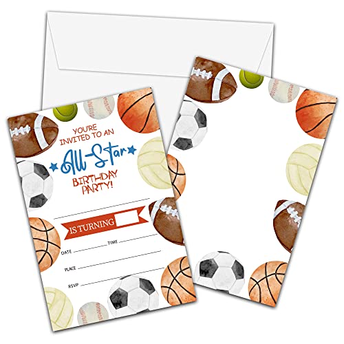 Sport-Geburtstagseinladungen mit Umschlägen – Geburtstagsparty-Einladungskarte für Jungen / Mädchen – All Star Einladungskarten – Basketball, Baseball, Fußballparty Feier (20 Stück)-29 von Foosproea