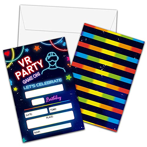 Foosproea Virtual Reality Geburtstagseinladungen mit Umschlägen – Party-Einladungskarte für Jungen/Mädchen – Regenbogen-Neon-Leucht-Einladungskarten – Gaming-Party-Feier (20 Stück) – 15 Stück von Foosproea