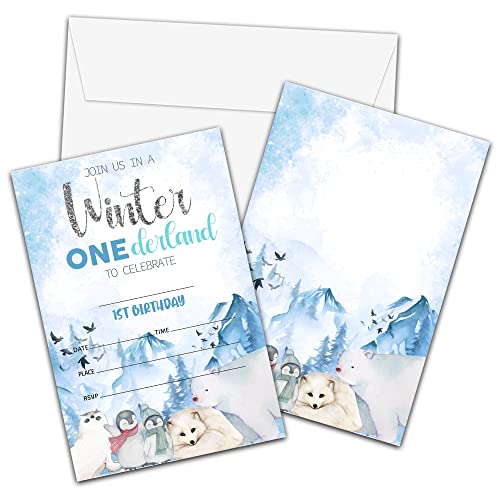 Winter Onederland Geburtstagseinladungen mit Umschlägen, Einladungskarte zum 1. Geburtstag für Mädchen/Jungen, Winter Wonderland, Einladungskarten zum Ausfüllen, Feier (20 Stück), 26 Stück von Foosproea