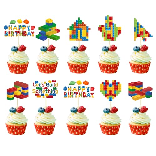 36 Stück Bausteine, Cupcake-Topper, Happy Themed Birthday Party Topper Cupcake Farbe Baustein Thema Thema Jungen Mädchen Kinder Babyparty von Foowztao