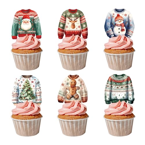 Essbare Cupcake-Aufsätze für Weihnachten, Motiv: Hässliche Pullover, Oblaten, Lebkuchenmann, Baum, Hirsch, Schneemann, Cupcake-Picks für Weihnachten, Party, Urlaub, 42 Stück Essbare Cupcake-Aufsätze für Weihnachten, Motiv: Hässliche Pullover, Oblaten, Lebkuchenmann, Baum, Hirsch, Schneemann, Cupcake-Picks für Weihnachten, Party, Urlaub, 42 Stück von Foowztao