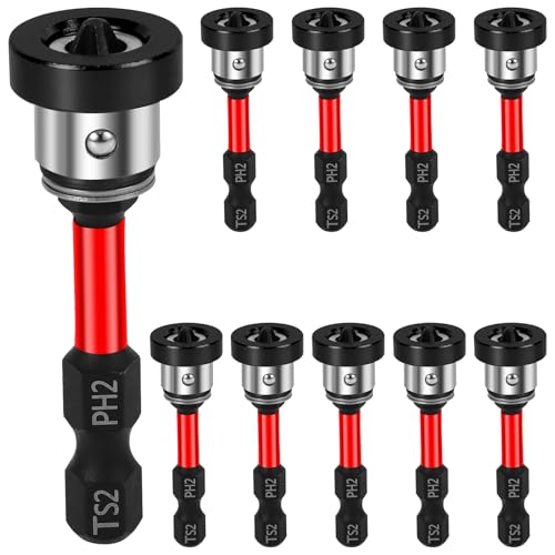 Foppla 10pcs Trockenbau-Bit Aufsatz mit Tiefenanschlag, PH2 Magnetische Trockenbau Schraubendreher Bits zum Versenken von Schnellbau-Schrauben in Gipsplatten, 1/4" Sechskantschaft Gipskarton Bit(Rot) von Foppla