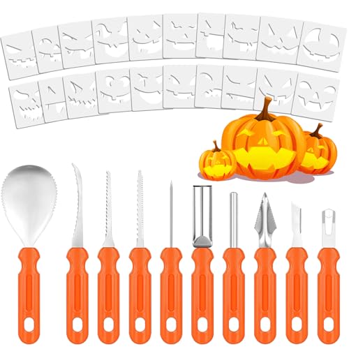 Forbabe 30 Stück Halloween Kürbis Schnitzset, Halloween Deko Kürbis Schnitzen Set mit 10pcs Edelstahl Kürbis Schnitzen Messer und 20pcs PVC Vorlagen DIY Kürbis Schnitzen für Kinder Erwachsene Familie von Forbabe