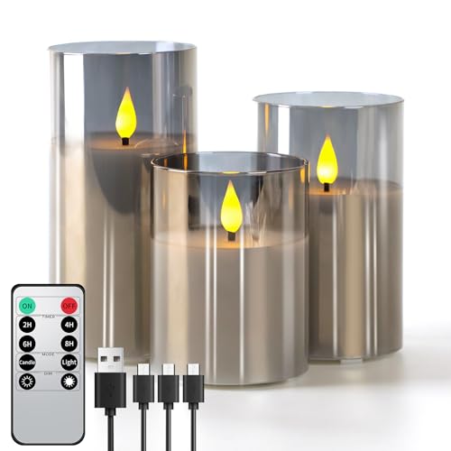 Forever Speed 3er-Set Grau Glas Led Kerzen Aufladbar mit Fernbedienung Timer, Dimmbar Wiederaufladbare Flammenlose Kerzen mit Ladekabel für Wohndekoration, Camping, Hochzeiten, Geschenke Forever Speed 3er-Set Grau Glas Led Kerzen Aufladbar mit Fernbedienung Timer, Dimmbar Wiederaufladbare Flammenlose Kerzen mit Ladekabel für Wohndekoration, Camping, Hochzeiten, Geschenke von Forever Speed