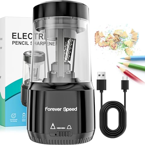 Forever Speed Elektrischer Anspitzer USB für Buntstifte, Automatischer Elektrischer Bleistiftspitzer akku für 6–8mm dicke und dünne stifte, robust, Büro, Schule, Zuhause, tragbar, Auto-Stop, Schwarz von Forever Speed
