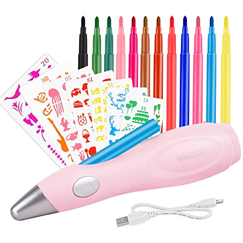 Forever Speed Elektrischer Farbsprühstift, airbrush set kinder mit 12 Filzstiften & 7 Schablonen, Airbrush Fun Farben sprühen für Kinder, Ungiftig Rosa von Forever Speed