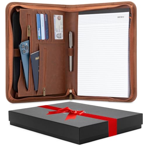 Forevermore Portfolios Padfolio-Ordner – Professionelle Kunstleder-Reise-Organizer-Tasche für Tablet, Dokumente, Präsentationsmappen, Reißverschluss, Notizblock – Braun von Forevermore Portfolios