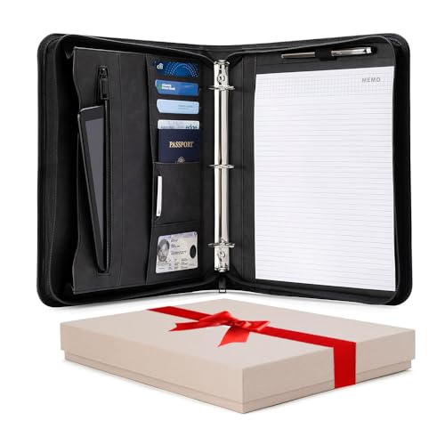 Forevermore Portfolios Portfolio Organizer – 1,5-Zoll-Ringbuch mit Notizblock – Aufbewahrungstasche mit Reißverschluss für Papiere, Reisedokumente, Präsentationsmappe – Schwarz von Forevermore Portfolios
