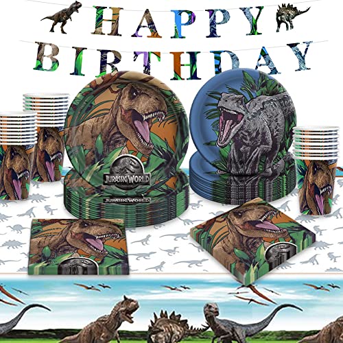 70 Stück Jurassic World Dinosaurier Geburtstags Geschirr Set für 16 Gäste, Dinosaurier Partyzubehör mit Pappteller Pappbecher Servietten Banner für Kinder Geburtstagsfeier von Forfamy