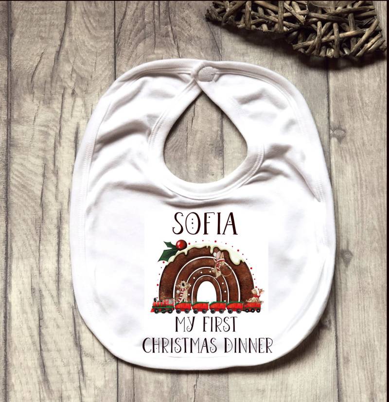 Personalisiertes Baby 1st Xmas Dinner Bib, My First Christmas Es Rentier Rainbow Bib von Forgetmeknotwales