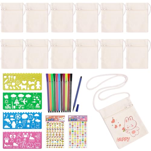 Forhandy 12 Stück Stoffbeutel zum Bemalen für Kinder, DIY Kinder Umhängegeldbeutel mit 12 Buntstift, 4 DIY Malschablonen & 2 Diamant-Aufkleber, Blanko Stoffbeutel Klein für Schule,Party,Geschenk Forhandy 12 Stück Stoffbeutel zum Bemalen für Kinder, DIY Kinder Umhängegeldbeutel mit 12 Buntstift, 4 DIY Malschablonen & 2 Diamant-Aufkleber, Blanko Stoffbeutel Klein für Schule,Party,Geschenk von Forhandy