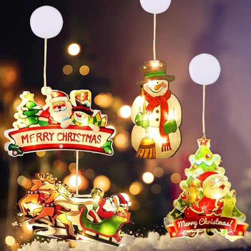 4er Set Weihnachtsbeleuchtung Fenster, Saugnapf Lichterkette Weihnachten, Doppelseitige Farbe LED Weihnachtsbeleuchtung, Kantenabdichtung, Timer, Batteriebetriebene(ohne Batterie), für Weihnachtsdeko von Forhome