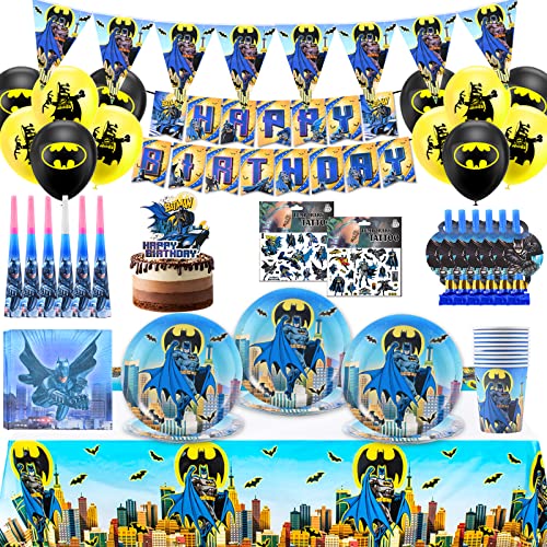 Batman Geburtstag Deko Set, 68Pcs Batman Geburtstag Party Set, Batman Party Supplies Banner, Luftballons,Tischdecke,Servietten,CupcakeToppers,Tattoo Aufkleber, Batman Geburtstag Teller Partygeschirr von Forhome