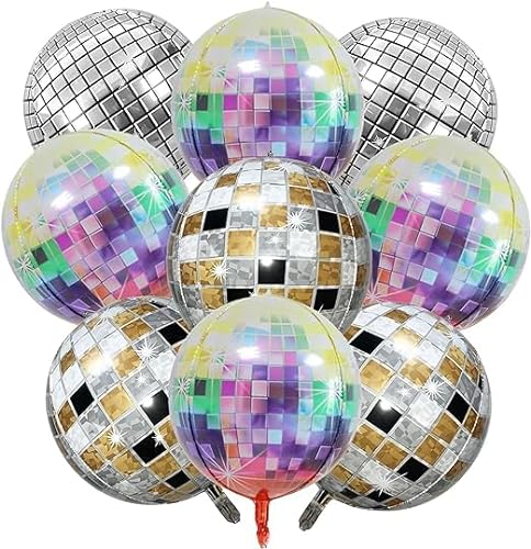 Disco Luftballons, Aluminium, 9 Folienballons, Disco, 55,8 cm, 4D, große metallische Luftballons, Spiegel, Disco-Ballons, mehrfarbig, 70er, 80er, 90er Jahre, Helium, Disco Ball, Dekoration für Retro von Forhome