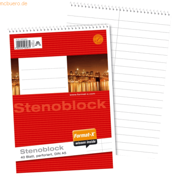 10 x Format-X Stenoblock A5 70g/qm 40 Blatt liniert von Format-X