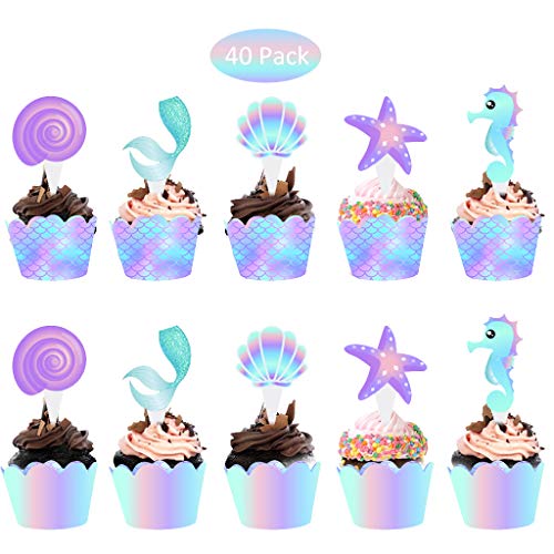 40 Stück Meerjungfrau-Kuchen-Dessert-Dekoration, Cupcake-Topper, Wrapper, Kuchen-Topper und Verpackungsdekorationszubehör für Baby-Mädchen-Kindergeburtstagsfeier von Formemory