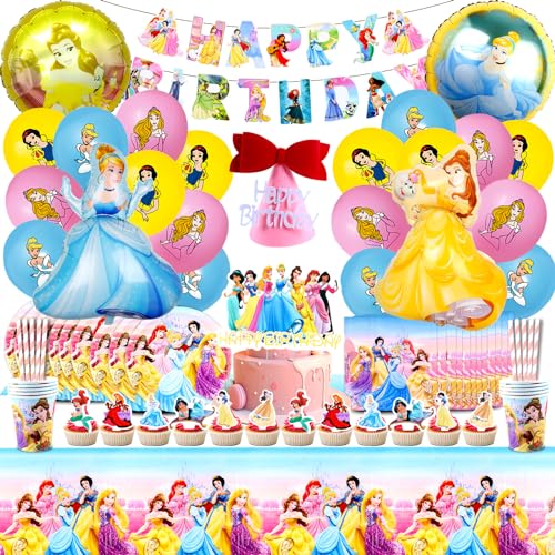 Prinzessin Geburtstag Deko,100pcs Prinzessin Partygeschirr Set, Prinzessin Luftballons Geburtstag,Teller Pappbecher Tischdecke Servietten,Prinzessin Party Deko geburtstag für Mädchen von Forninc