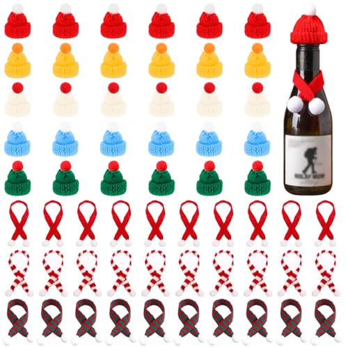 Forreen 60 Stücke Mini Weihnachtsmütze und Schal Set,Mini Weihnachtsdeko Lutscherhut Flaschenverschluss für Tischdekoration,Schneemann,Dekoration,Geschenk,Dekoration,Party von Forreen