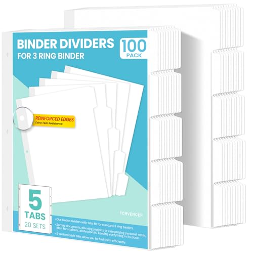 Forvencer Binder Trennblätter mit Tabs, Verstärkter Rand, Blanko Beschreibbare Binder Trennblätter für 3 Ringbuch mit 5 Register, Briefgröße, 5 Registerkarten Trennblätter für Büro Schule Zuhause, 20 von Forvencer