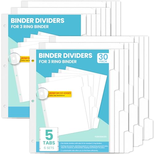 Forvencer Binder Trennblätter mit Tabs, Verstärkter Rand, Blanko Beschreibbare Binder Trennblätter für 3 Ringbuch mit 5 Register, Briefgröße, 5 Registerkarten Trennblätter für Büro Schule Zuhause, 6 von Forvencer