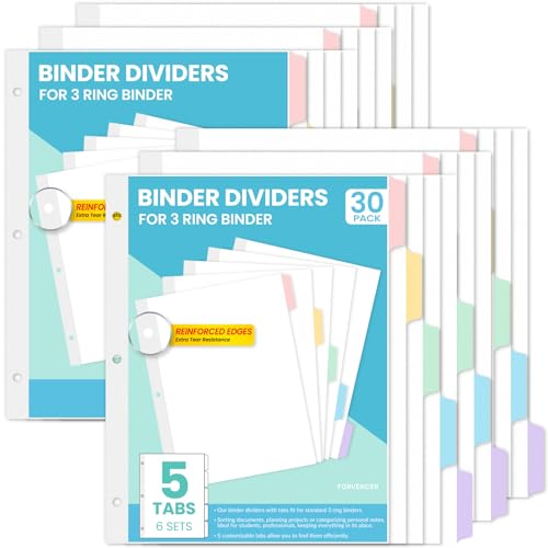 Forvencer Ordner-Trennblätter mit Reitern, verstärkter Rand, blanko, beschreibbare Ordner-Trennblätter für 3-Ringbuch mit 5 mehrfarbigen Registern, Briefgröße, Registerkarten für Büro, Schule, 6 Sets von Forvencer