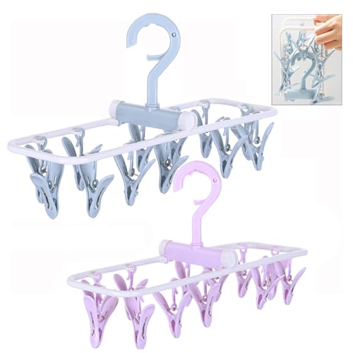 Wäscheständer, klein, zusammenklappbar, tragbar, Unterwäsche-Aufhänger, mit Clips, kleiner Aufhänger, 2 Stück, Socken, 12 Clips, 360° drehbarer Haken zum Trocknen von Handtüchern, BHs, Babykleidung Wäscheständer, klein, zusammenklappbar, tragbar, Unterwäsche-Aufhänger, mit Clips, kleiner Aufhänger, 2 Stück, Socken, 12 Clips, 360° drehbarer Haken zum Trocknen von Handtüchern, BHs, Babykleidung von Foshine