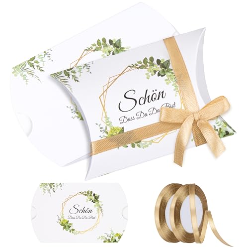 Foshird 50 Stück Geschenkboxen Klein "Schön Dass Du Da Bist" mit Satinband Gold - Gastgeschenke Hochzeit Geburtstag Geschenkschachteln Kissenschachtel für Süßigkeiten Schokolade Kekse - 9 * 6.5cm von Foshird