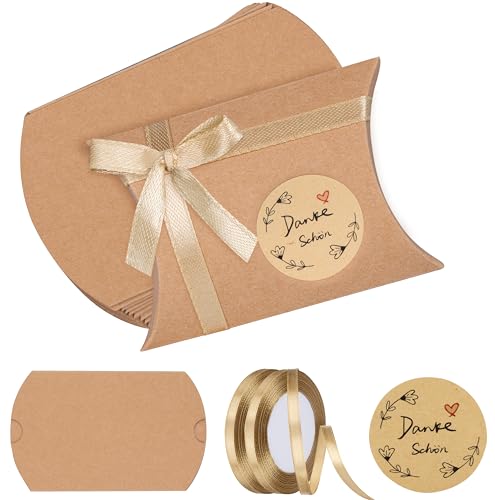 Foshird 50 Stück Kissen Geschenkboxen Kraftpapier mit Danke Aufkleber Satinband Gold - Gastgeschenke Taufe Dankeschön Geschenke Klein Geschenkschachtel Kissenschachtel für Süßigkeiten Schokolade Kekse von Foshird
