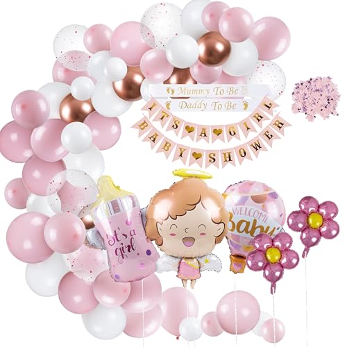Foshird 54 Stück Babyparty Deko Mädchen Rosa Set Baby Shower Deko Girl Babyshowerparty Deko Mädchen mit "It's a boy" Banner Luftballons Folienballons Konfetti Tischdeko für 1 Geburtstag Mädchen von Foshird