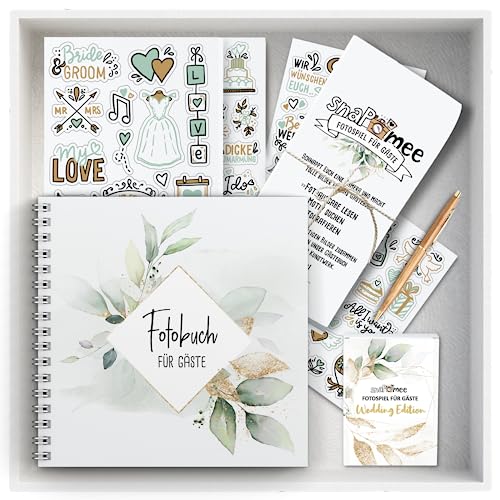 Fotospiel Hochzeit Set by snaPmee - 50+4 Fotoaufgaben, Fotobuch (Hardcover) mit Stift, 133 Sticker, 10 Tischaufsteller - als Gästebuch Alternative von Fotospiel