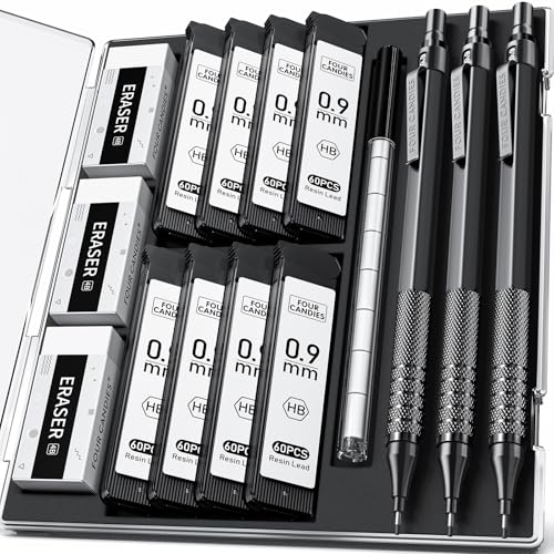 Four Candies 0,9mm Druckbleistift-Set mit Etui, Metall-Künstlerbleistift mit 8 Röhren (480 Stück), HB-Minenminen, 3 Radiergummis, 9 Radiergummi-Nachfüllungen Ingenieure, Schreiben, Zeichnen, Schwarz von Four Candies