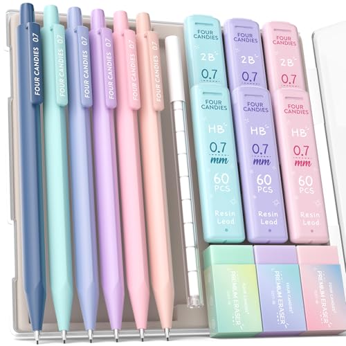 Four Candies 0.7 mm Druckbleistift Set, 6PCS Niedliche Druckbleistifte mit 360PCS Minen, 3PCS Pastell Radiergummis und 9PCS Radiergummi-Minen Four Candies 0.7 mm Druckbleistift Set, 6PCS Niedliche Druckbleistifte mit 360PCS Minen, 3PCS Pastell Radiergummis und 9PCS Radiergummi-Minen von Four Candies
