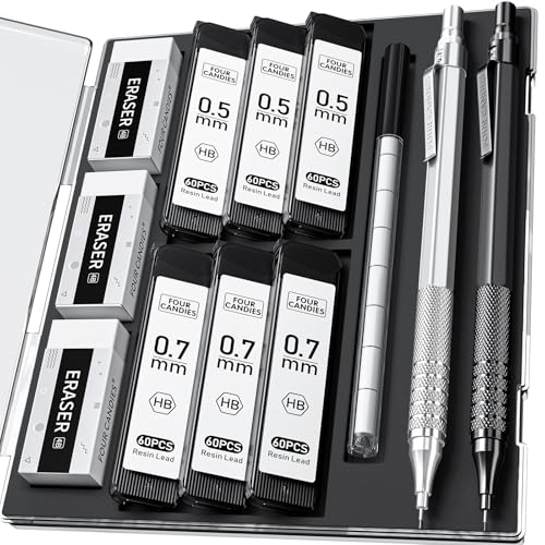 Four Candies 2Pcs Schwarz & Silbrig Metal Mechanical Pencils mit 0.5 mm & 0.7mm, Druckbleistifte Set mit Etui, mit 360PCS HB Mine Refills, 3 Radiergummis, 9 Radiergummi Refills für das Schreiben von Four Candies