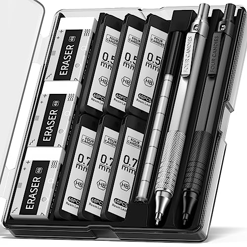 Four Candies 2Pcs Schwarz & Silbrig Metal Mechanical Pencils mit 0.5 mm & 0.7mm, Druckbleistifte Set mit Etui, mit 360PCS HB Mine Refills, 3 Radiergummis, 9 Radiergummi Refills für das Schreiben von Four Candies