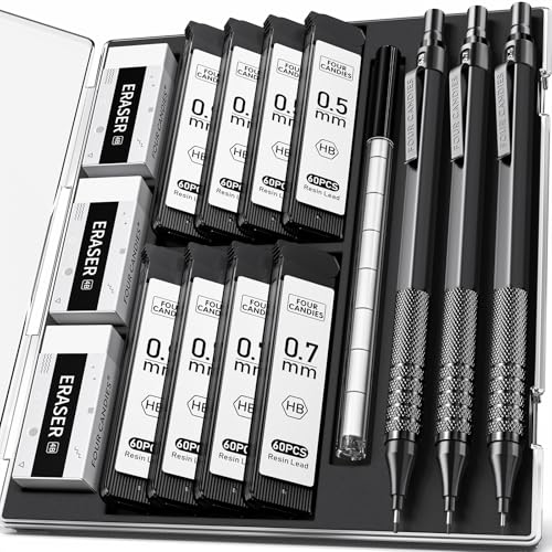 Four Candies Metall-Druckbleistift-Set, 3-teiliges Künstlerbleistift 0,5 mm & 0,7 mm & 0,9 mm mit 480 HB-Minenminen, 3 Radiergummis, 9 Radiergummi-Nachfüllungen Ingenieure, Kunst, Zeichnen, Schwarz von Four Candies