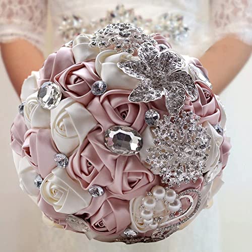 Fouriding Handgemachte Brosche Brautstrauß Braut Satin Rosen Blumen Strass Perlen Blumensträusse Hochzeit Strauß Künstliche Blumenstrauß künstlicher Rosenstrauß Dekoration (Creystal Pink) von Fouriding