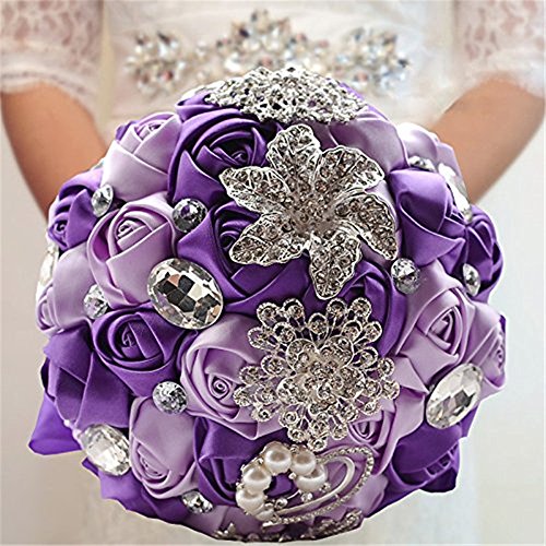 Fouriding Handgemachte Brosche Brautstrauß Braut Satin Rosen Blumen Strass Perlen Blumensträusse Hochzeit Strauß Künstliche Blumenstrauß künstlicher Rosenstrauß Dekoration (Creystal Purple) von Fouriding