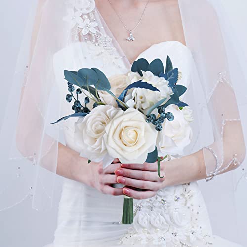 Fouriding Hochzeit Bouquet Vintage Style cremig weiß blau Rose Braut Braut künstliche Bouquet Brautjungfer Hochzeit Dekoration Sträuße (Klein) von Fouriding