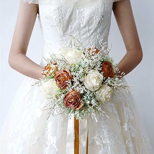 Fouriding Hochzeit Bouquet für Braut Karamell gebrannt Rand Rose Braut Braut künstliche Bouquet Brautjungfer Hochzeit Dekoration Blumensträuße von Fouriding