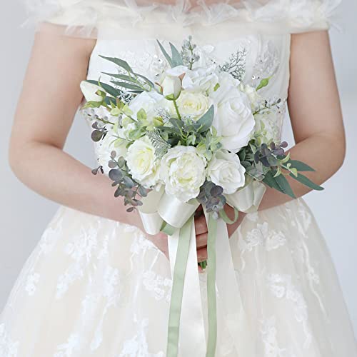 Fouriding Hochzeitsstrauß Vintage Stil weiße Rose Braut Braut Künstlicher Blumenstrauß Brautjungfer Hochzeit Dekoration Blumensträuße von Fouriding
