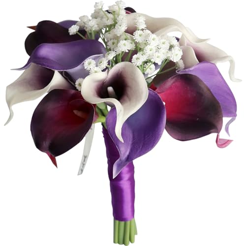 Fouriding Künstliche Lila Calla Lily Hochzeit Bouquet,Calla Lily Braut Wassertropfen Bouquet Brautjungfer für Zeremonie Jahrestag Partei Braut Dusche Dekoration Hochzeit Sträuße von Fouriding