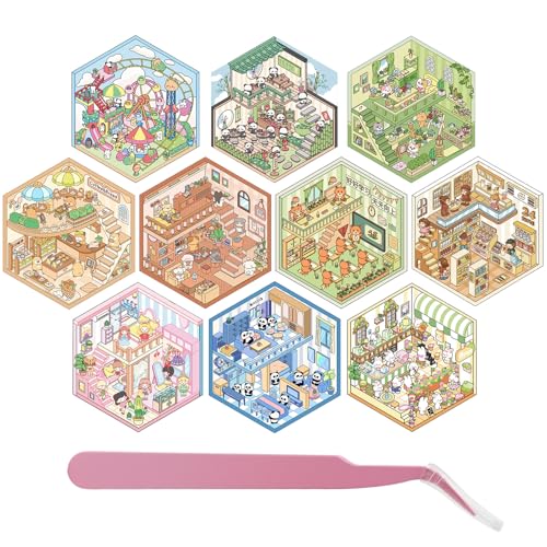 10 Sets 3D House Stickers, 3D Miniature Scene Stickers mit 1 Pinzetten, DIY Haus Aufkleber Sticker, Haus Aufkleber Sammlung, Cute 3D Scene Sticker Set für Stressabbau und Kreativitätsschub 10 Sets 3D House Stickers, 3D Miniature Scene Stickers mit 1 Pinzetten, DIY Haus Aufkleber Sticker, Haus Aufkleber Sammlung, Cute 3D Scene Sticker Set für Stressabbau und Kreativitätsschub von Fourindo